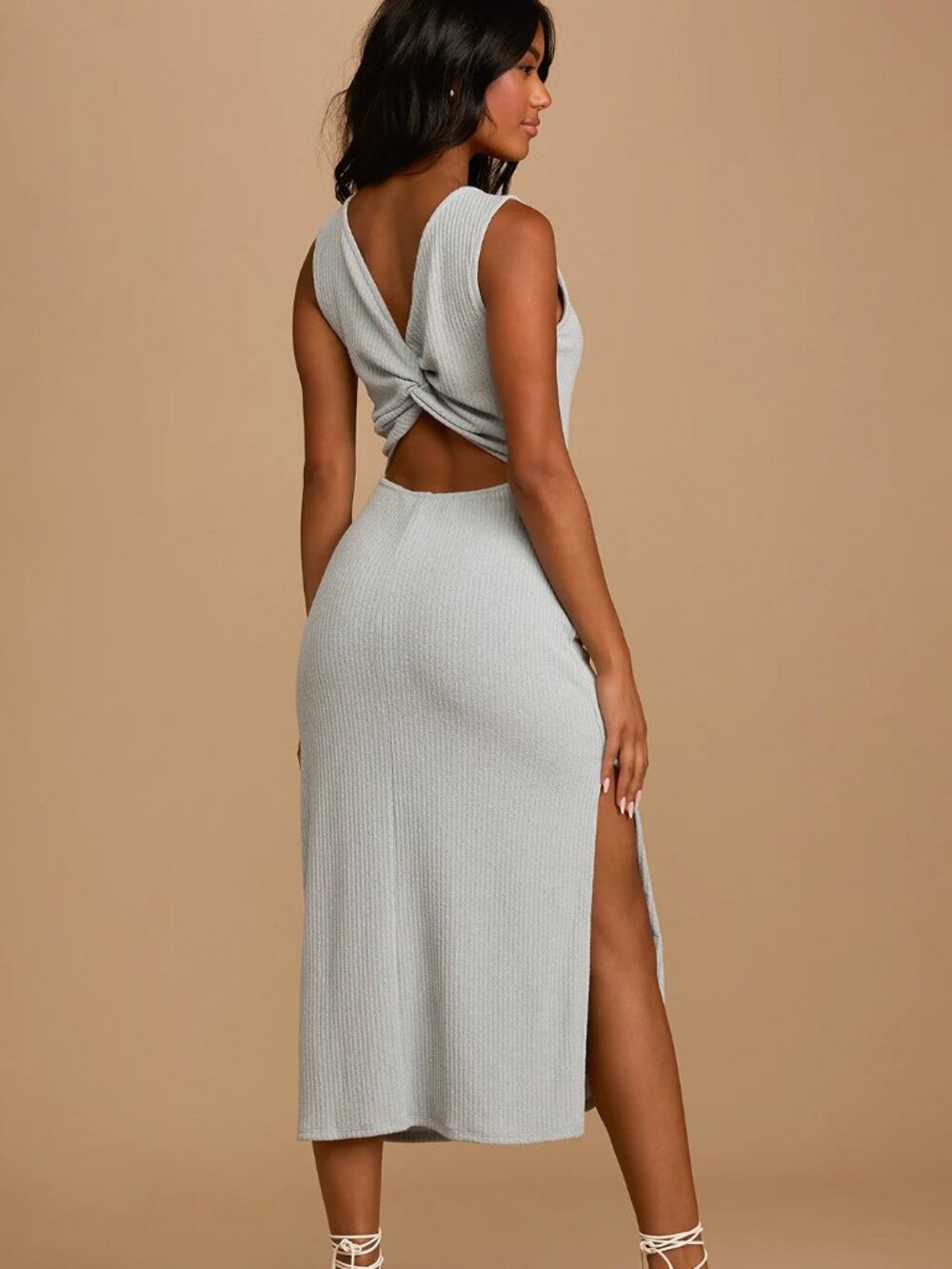 Lulu's Fabulous & Flirty Sage Blue Ribbed Twist-Back Midi Dress